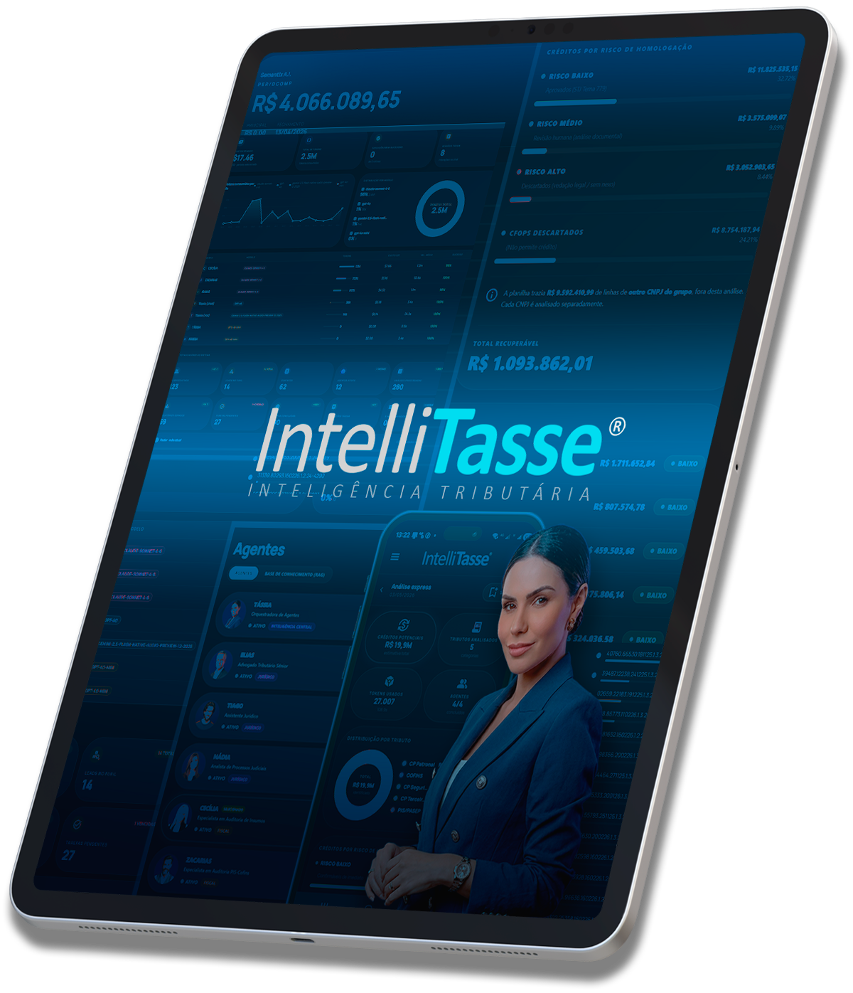 Composição do ambiente interno da IntelliTasse: painel Radar de créditos, dashboards de consumo por modelo, lista de agentes, o app mobile de Análise Express e a orquestradora Tássia — dados de demonstração, sem cliente identificado.